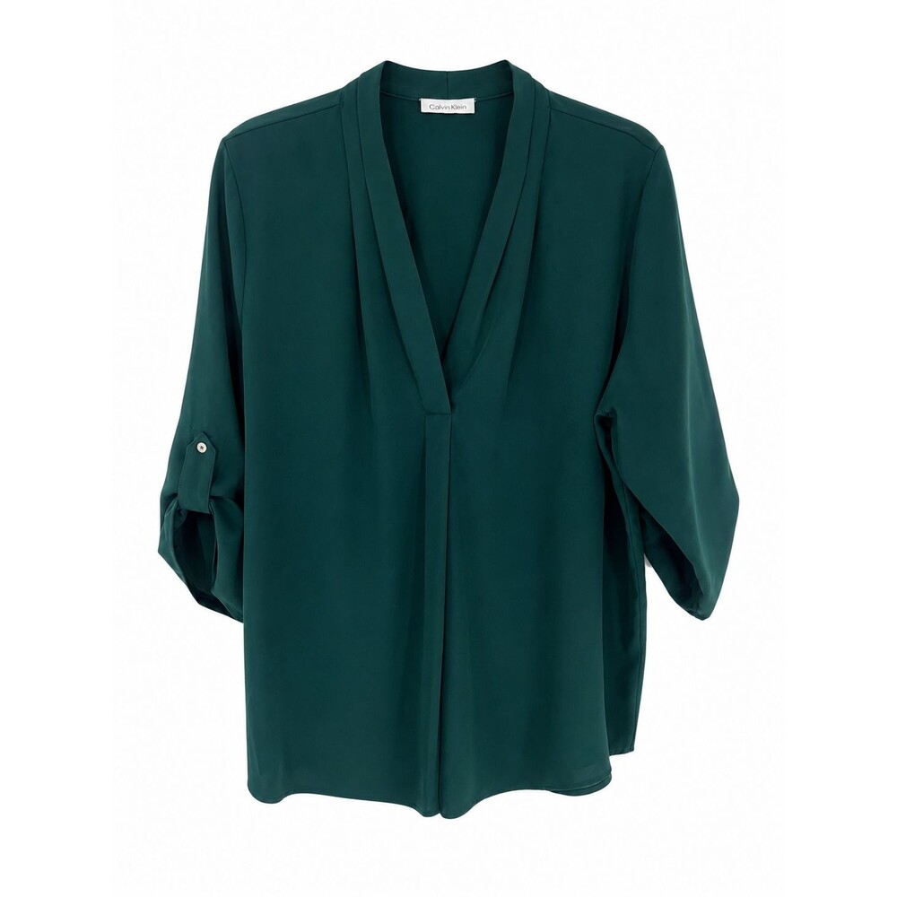 Calvin Klein Women’s 1X Green V Neck Blouse Roll Tab Sleeve Career Top Plus